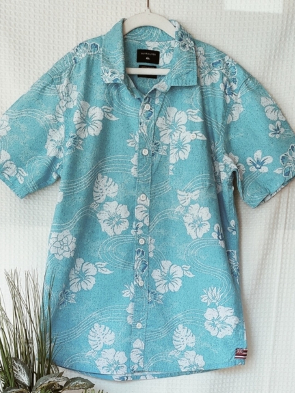 Quicksilver Boys Blue Hawaiian/Tropical Button Down Shirt Size Large